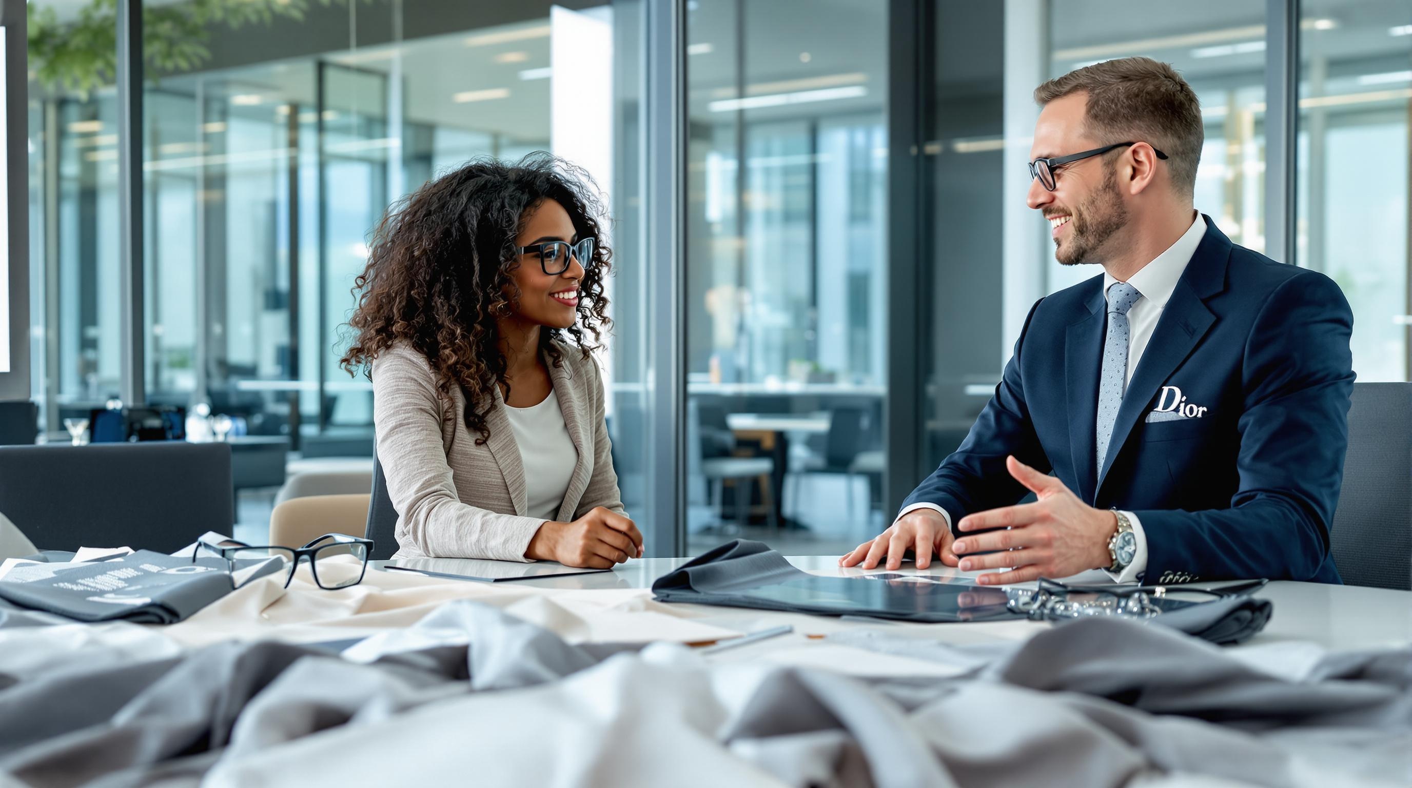 Étudiantes discutant innovation lunettes connectées avec un manager RH chez Dior.