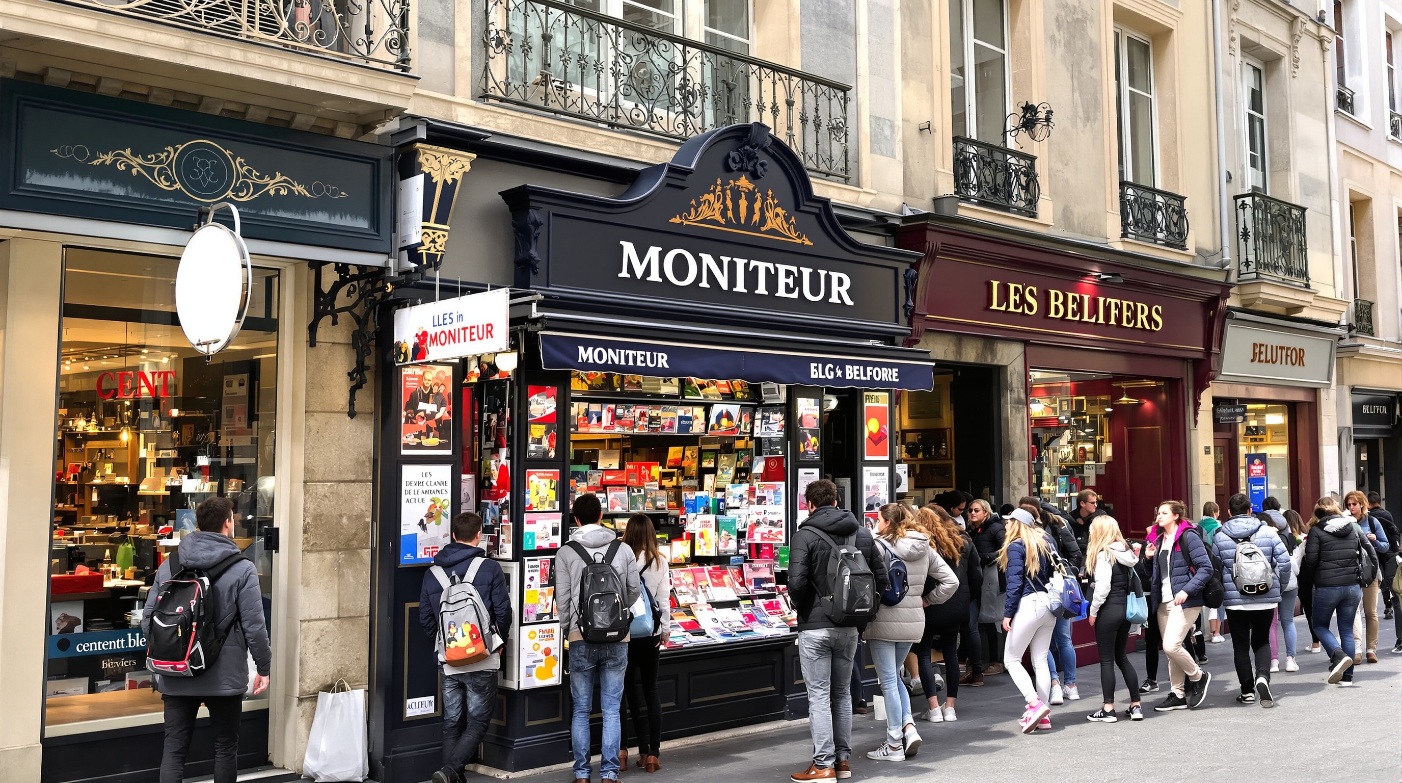 Centre-ville de Belfort animé avec kiosque Moniteur et lycéens.