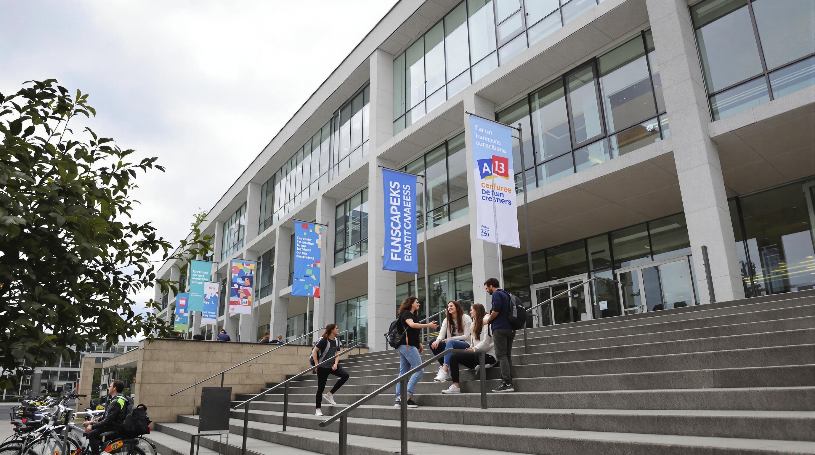 Scène de vie étudiante devant Polytech Tours – panneaux d’associations visibles