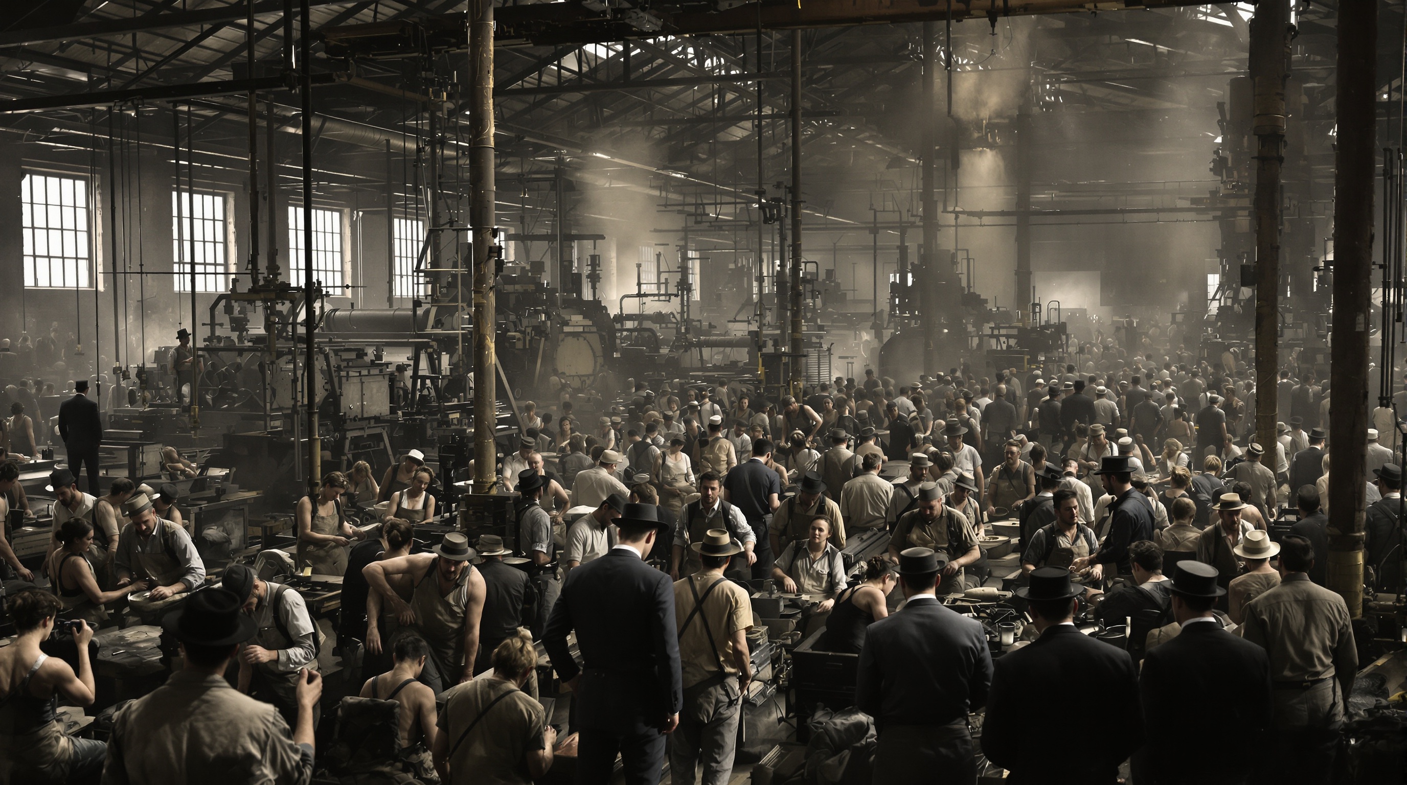 Usine du 19ème siècle, ouvriers en plein labeur et patron observateur