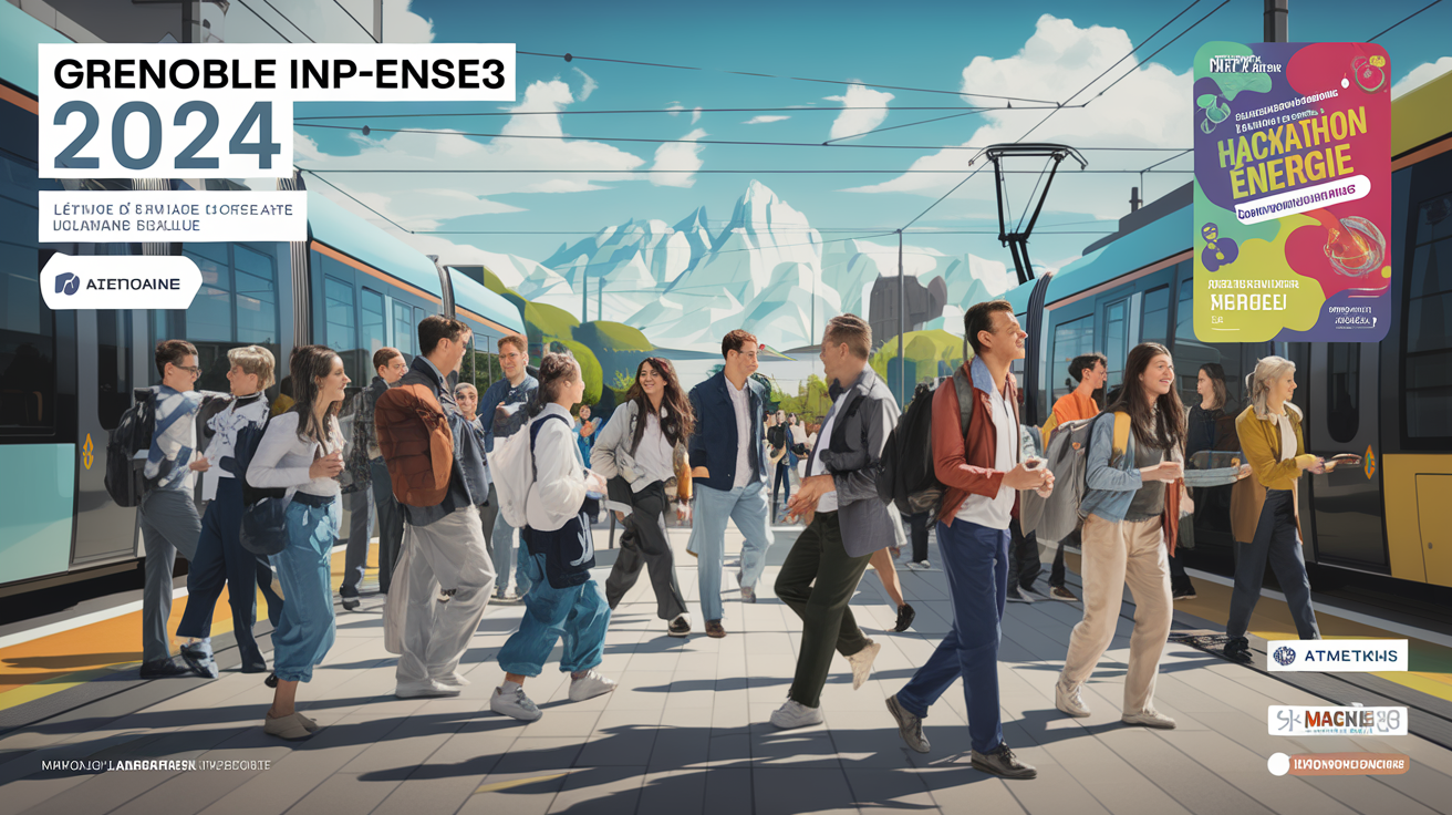 Scène de vie associative et technique à Ense3 : étudiants devant panneaux hackathon et logos clubs, montagnes et tramway