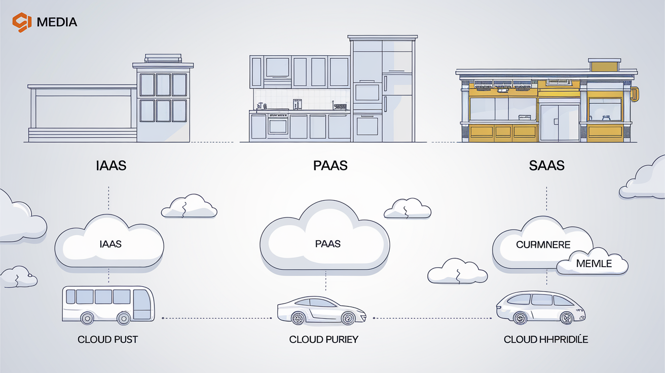 Schéma vulgarisé des modèles IaaS PaaS SaaS et cloud public-privé-hybride