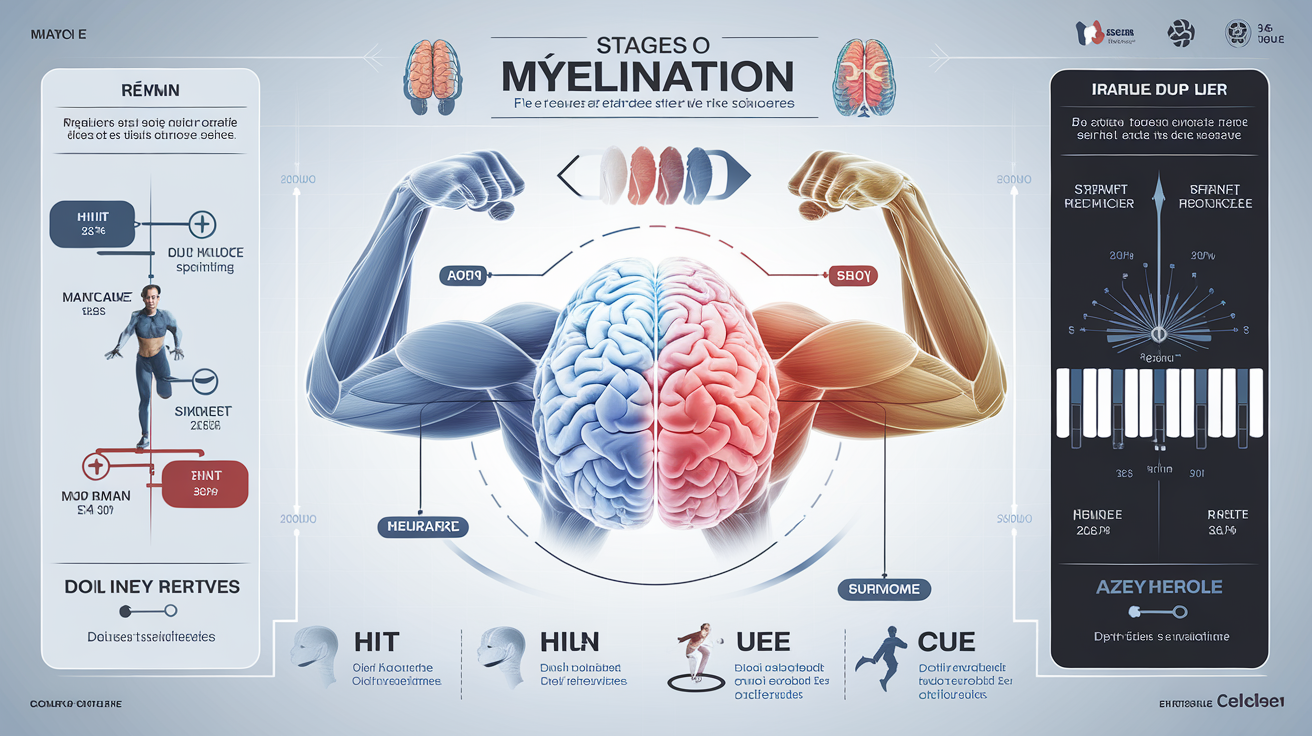 Schéma illustrant la myélinisation cerveau-muscle et les routines HIIT pour la dactylographie