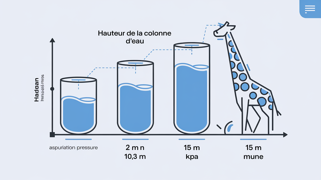 Dessin scientifique en coupe du cou d’une girafe montrant les artères, veines et réseau veineux anti-retour.