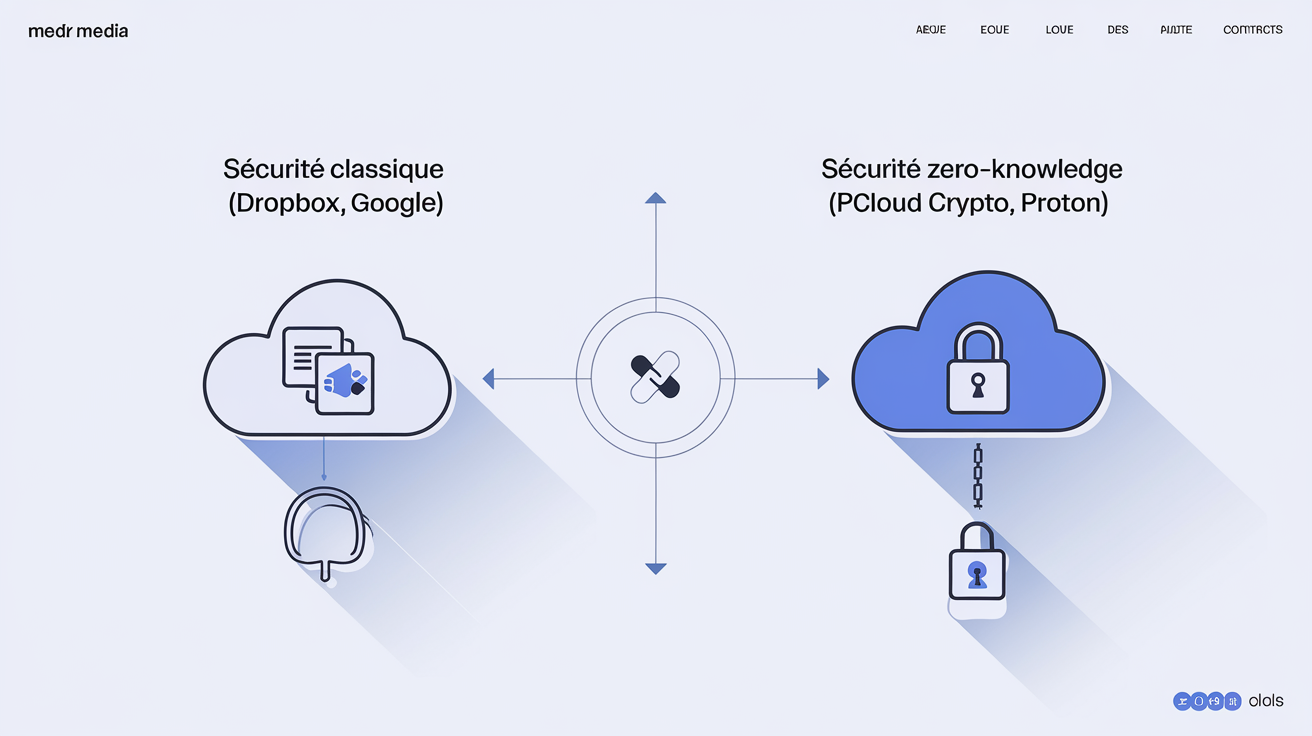 Comparatif schématique : sécurité classique (Dropbox, Google) vs zero-knowledge (pCloud Crypto, Proton)