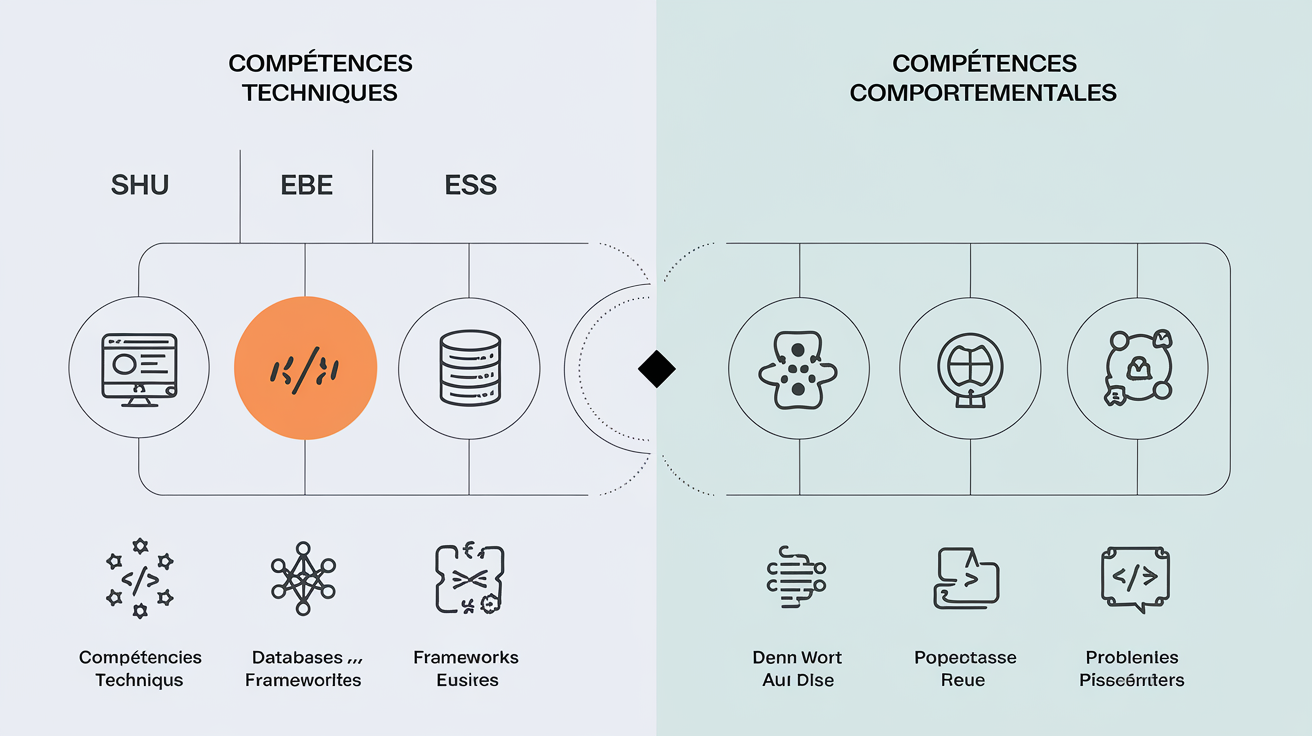 Visuel comparatif des compétences techniques et comportementales requises pour un développeur full-stack.