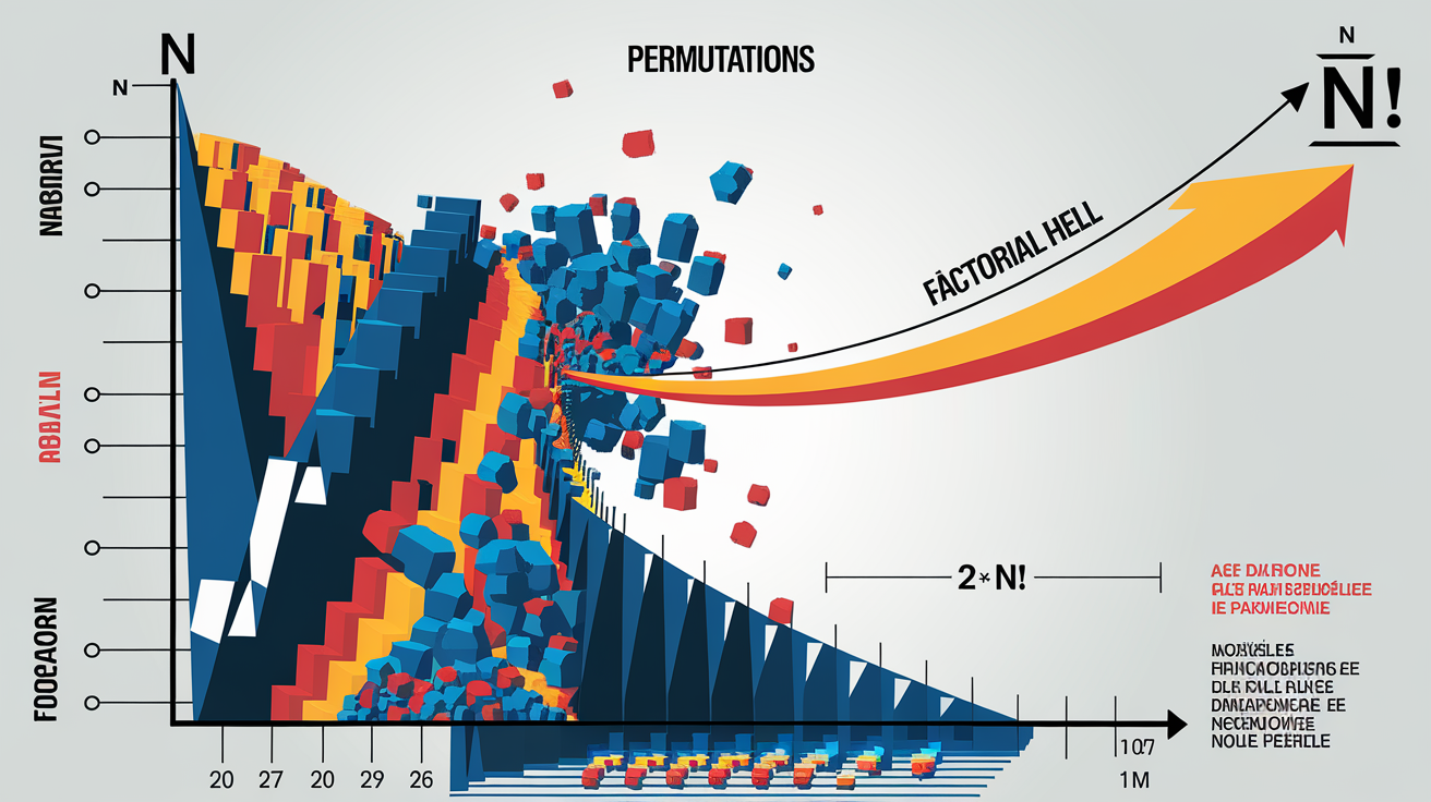 Graphique montrant la courbe de n! dépassant 2ⁿ, illustrant la complexité factorielle