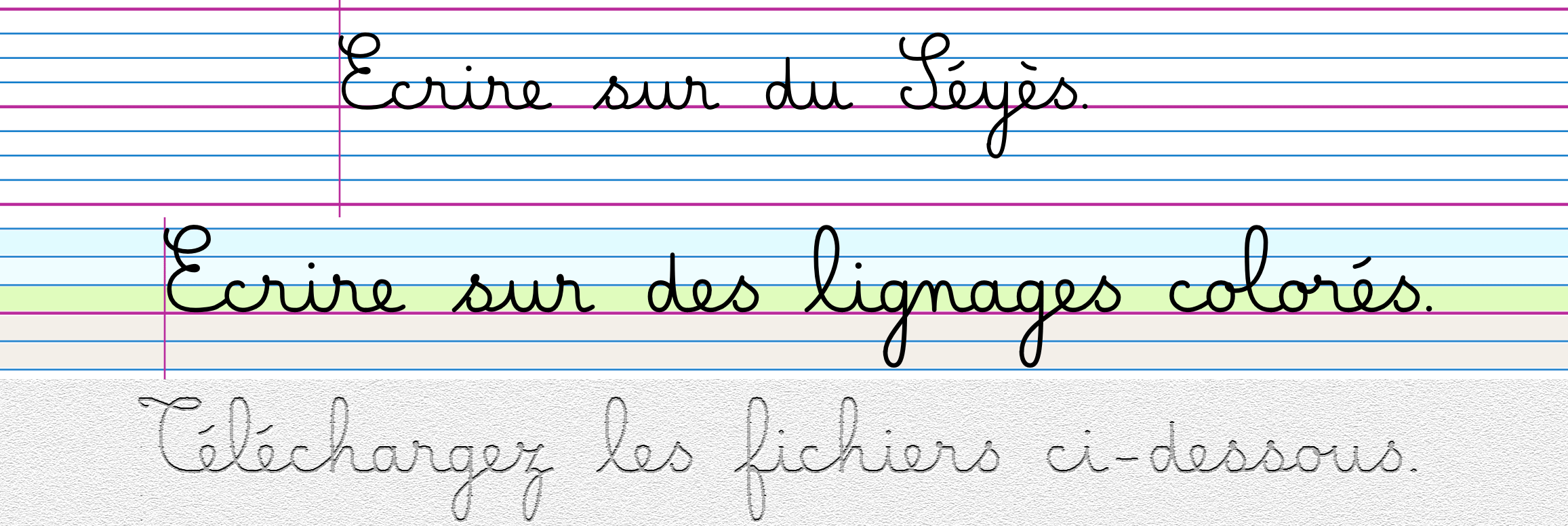 Exemple de fiche d'écriture avec la police Belle Allure réglée large, adaptée aux enfants dyslexiques et dyspraxiques