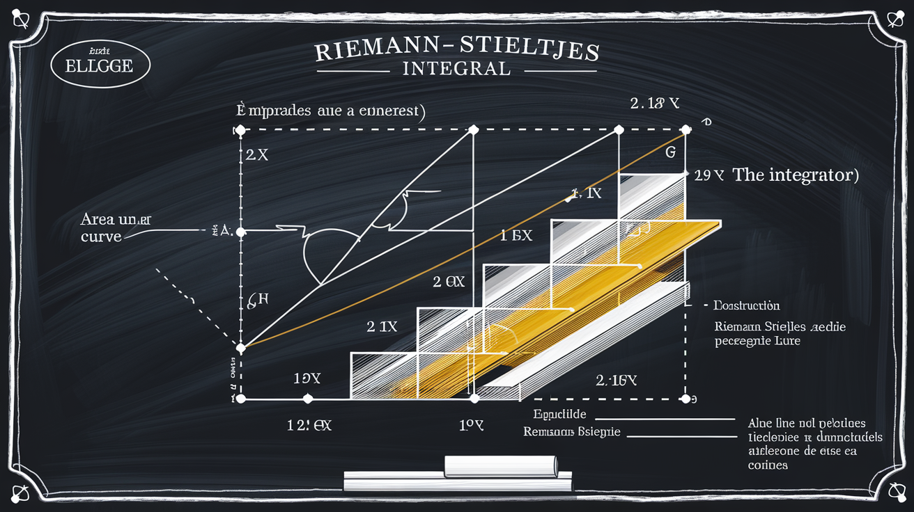 Schéma illustrant l'aire sous f(x) et les marches de g(x), légende Riemann-Stieltjes