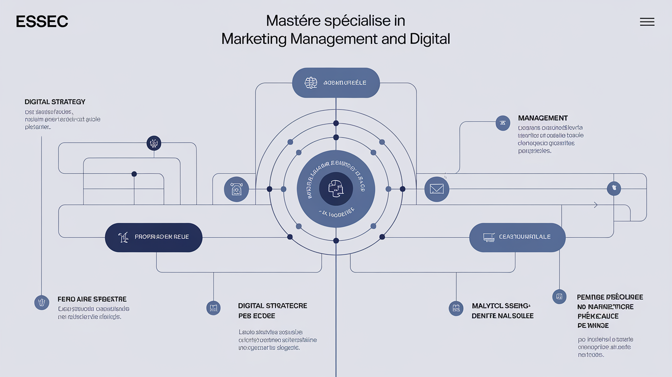 Schéma simplifié illustrant les modules clés du Mastère Spécialisé Marketing Management et Digital de l'ESSEC, mettant en avant l'articulation entre stratégie digitale, analytics et management.