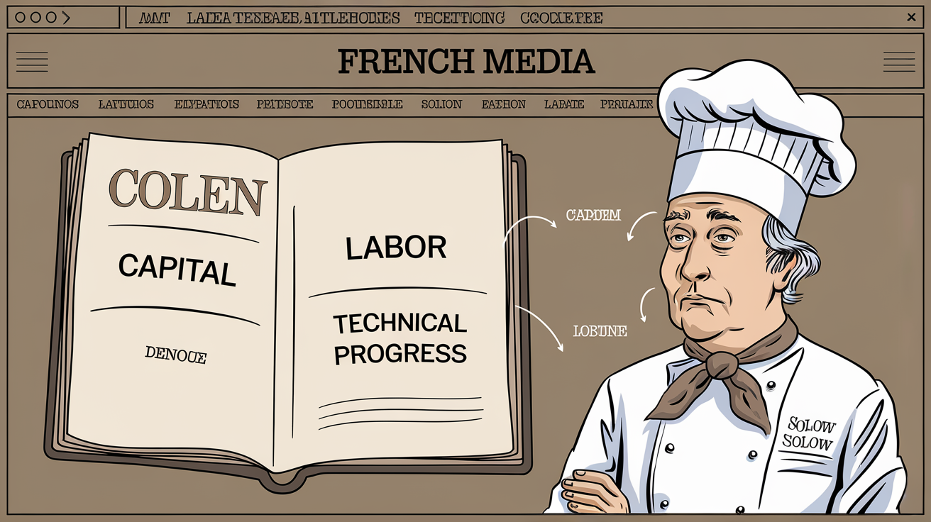 Schéma satirique du modèle de Solow : capital, travail, progrès technique, chef sceptique nommé Solow