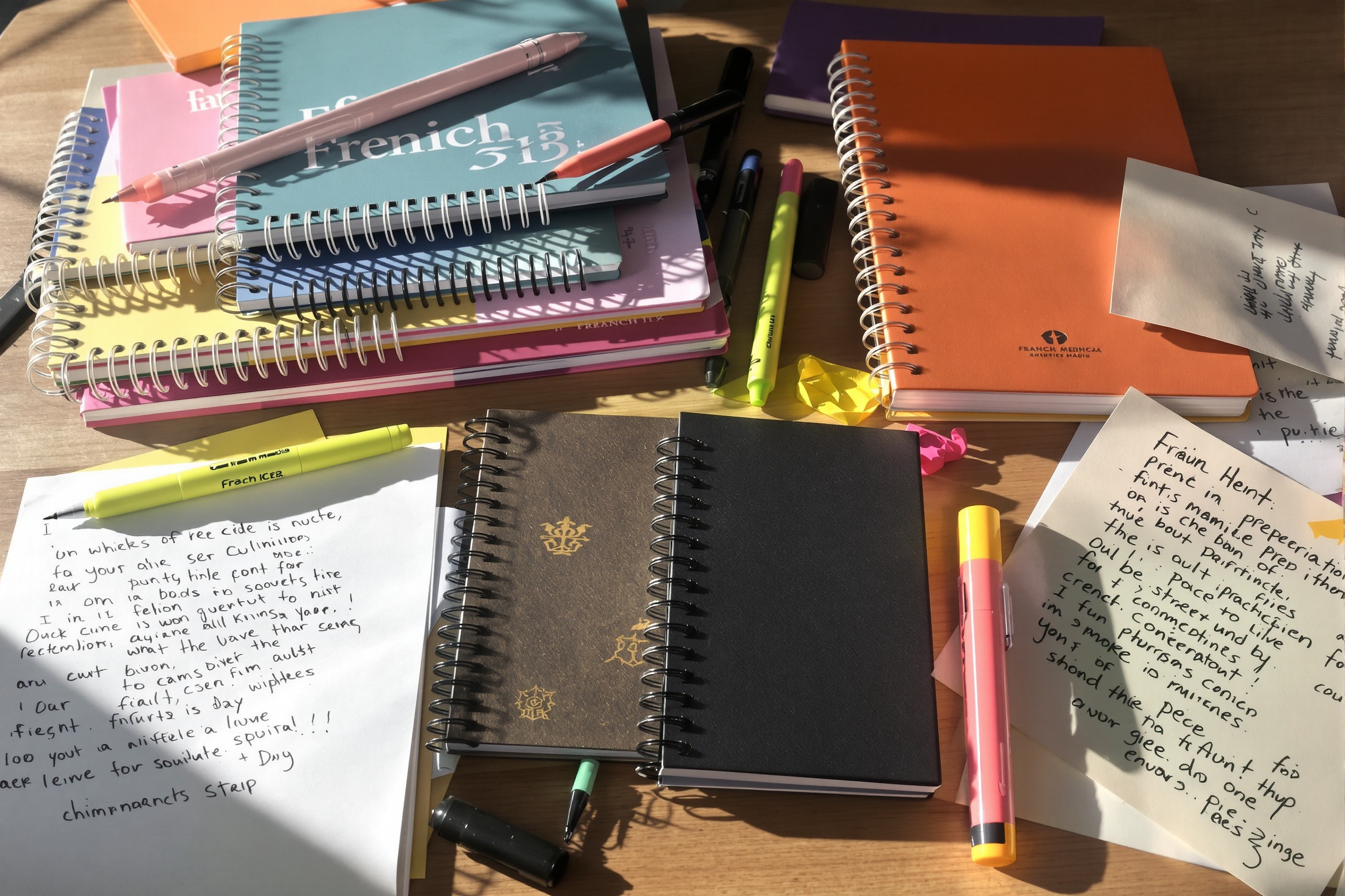 Sélection variée de cahiers de prépa avec différents formats et types de reliures sur une table d’étudiant.