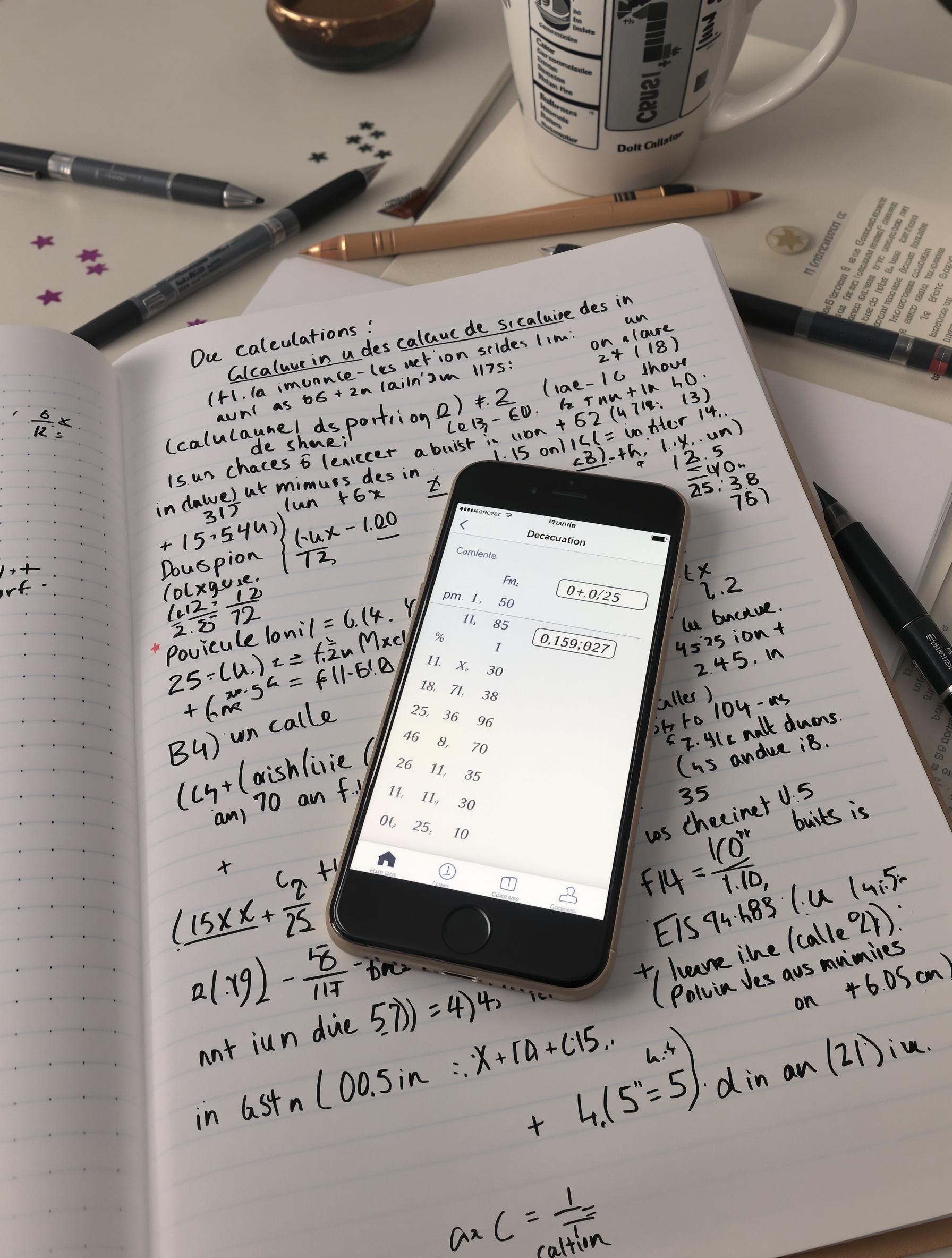 Un smartphone affichant une fiche de calcul littéral, posé sur un cahier de maths avec un PDF ouvert à côté.
