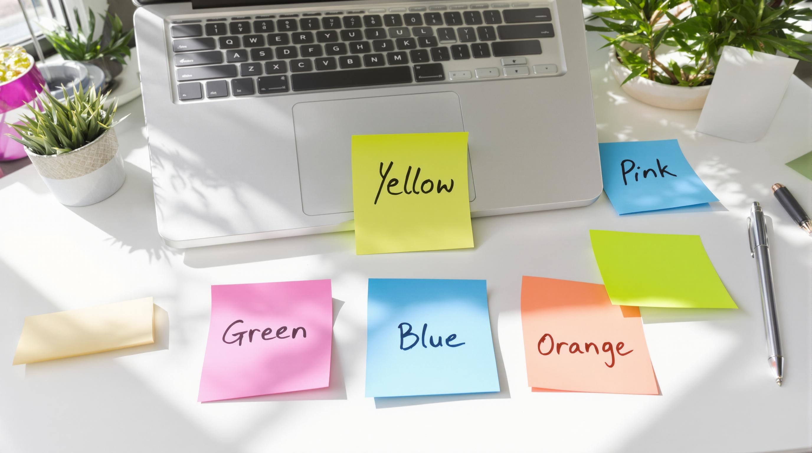 Organisation de bureau avec Post-it pour apprendre les couleurs en anglais