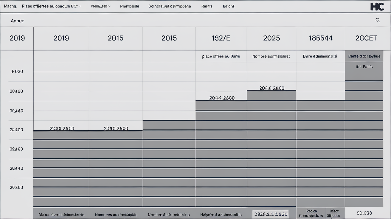 Tableau montrant l'évolution des places et des barres d'admissibilité à HEC Paris