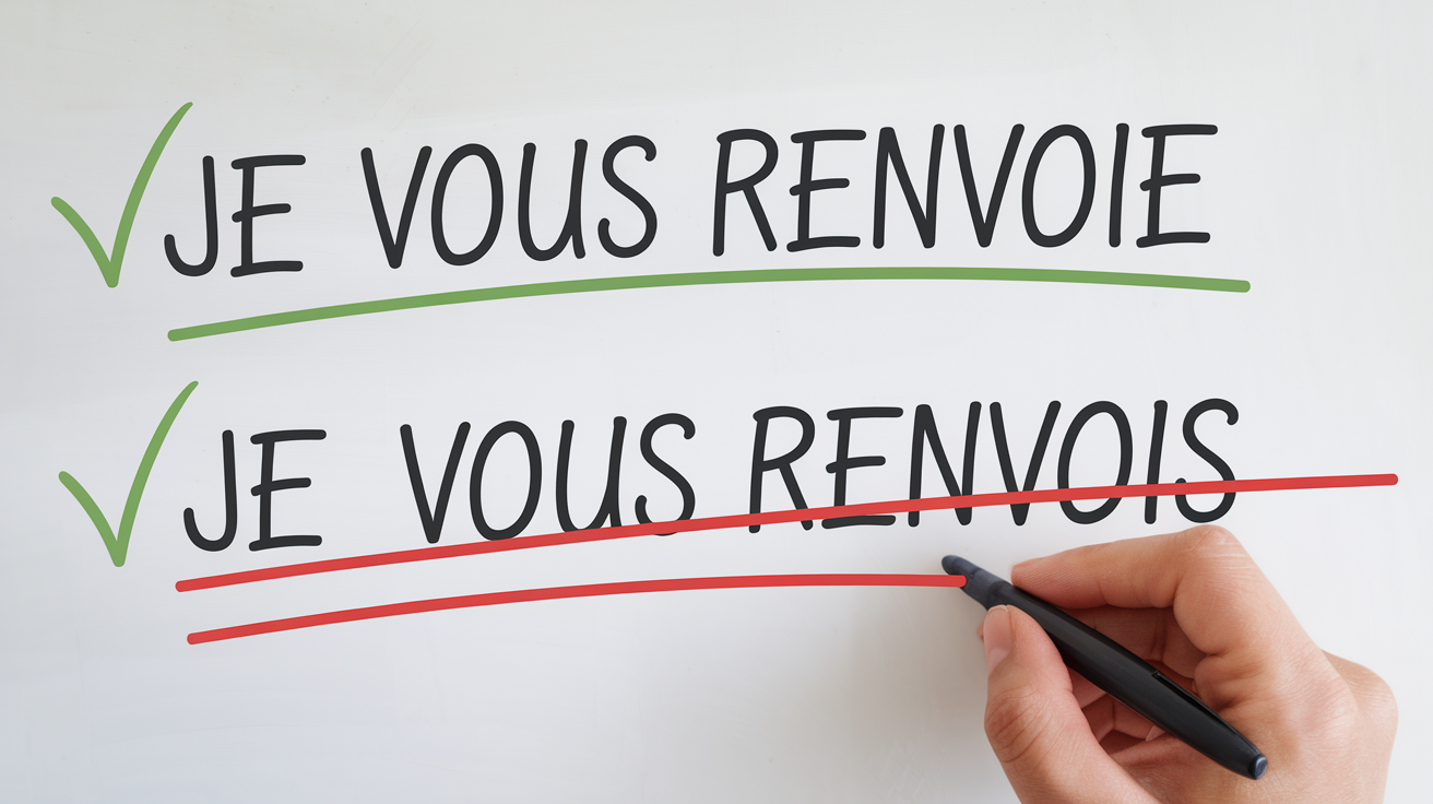 Tableau blanc illustrant la bonne orthographe de « je vous renvoie » cochée en vert et « je vous renvois » barrée en rouge.