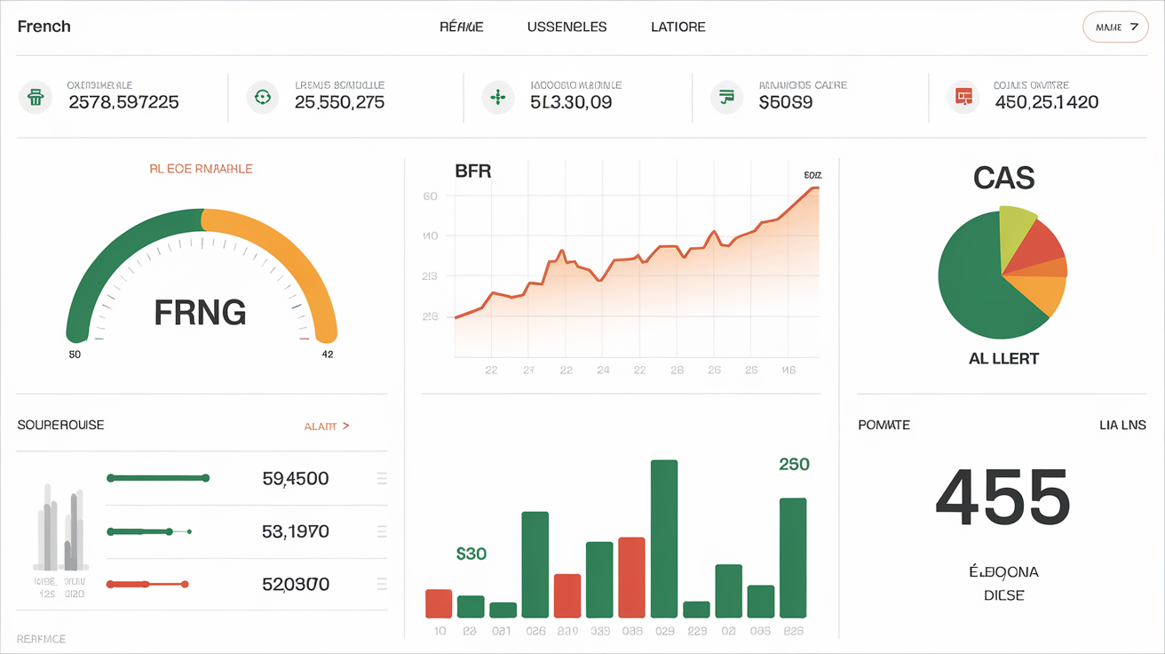 Jauges risques FRNG, courbe saisonnalité BFR, ratios fonctionnels et cash sur tableau de bord