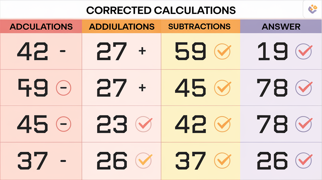 Tableau des corrections des calculs sur les nombres relatifs