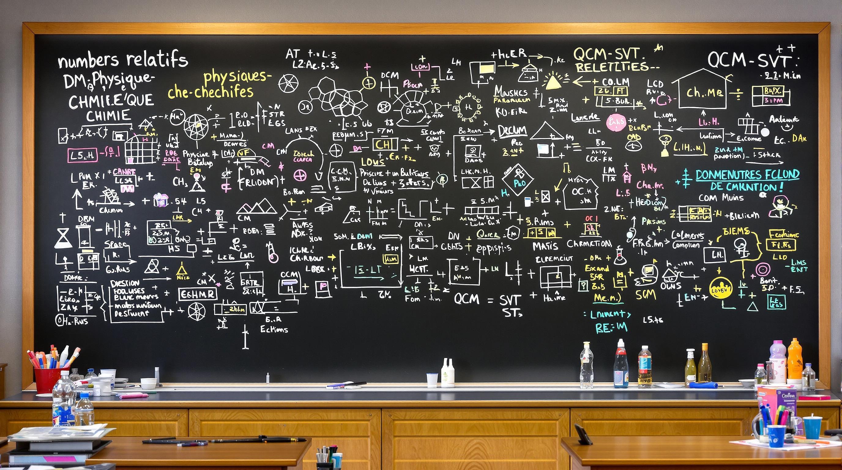 Tableau de classe illustrant des schémas sur les nombres relatifs, des devoirs maison en physique-chimie et des QCM en SVT.