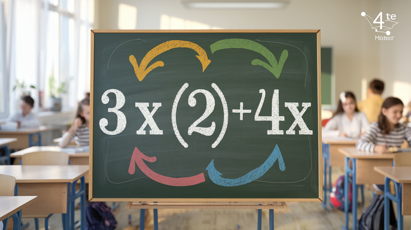 Tableau de classe illustrant le calcul littéral avec des flèches colorées pour expliquer les variables, coefficients et constantes.