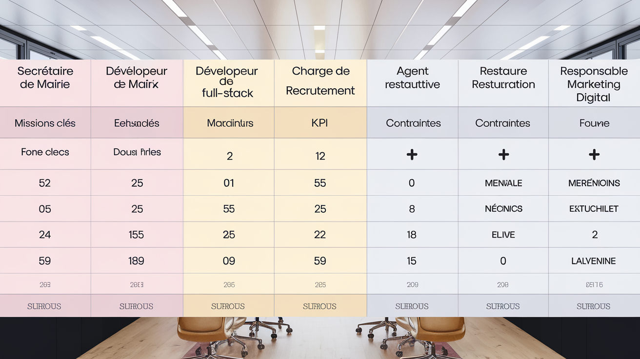 Tableau comparatif des fiches de poste clé en missions, KPI et contraintes pour 5 métiers RH.