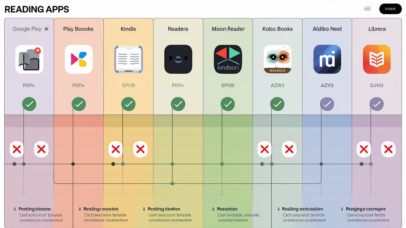 Tableau comparatif des applications de lecture, formats et fonctionnalités en 2024 sur tablette.
