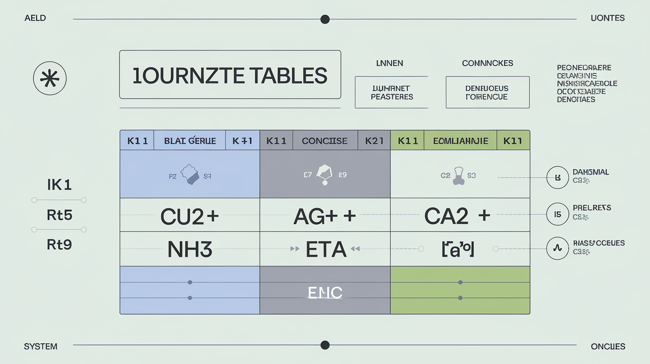 Tableau comparatif des valeurs typiques de K₁, K₂ et β₄ pour Cu²⁺/NH₃, Ag⁺/CN⁻ et Ca²⁺/EDTA