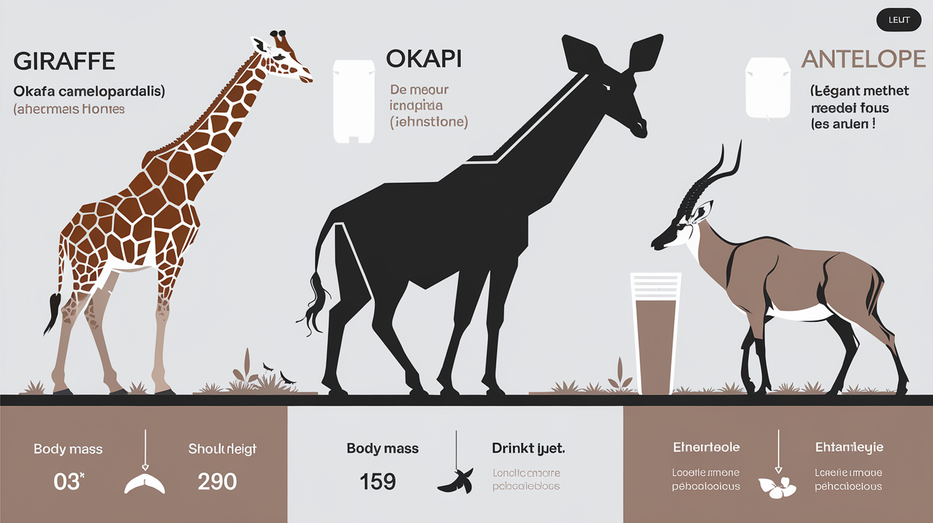 Tableau comparatif entre l’okapi, la girafe et l’antilope sur la masse, la taille et la méthode d’abreuvement.