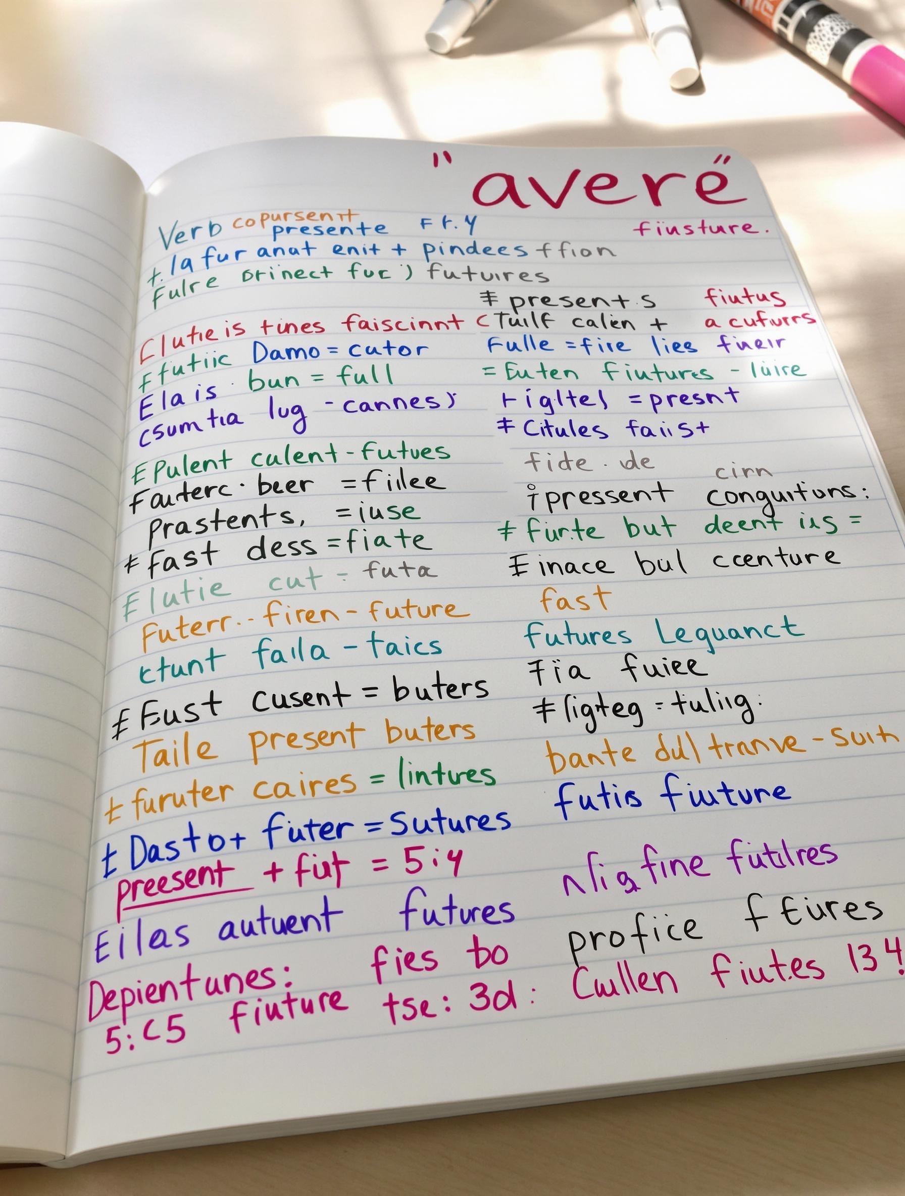 Tableau manuscrit colorisé des conjugaisons d’avere sur cahier Moleskine