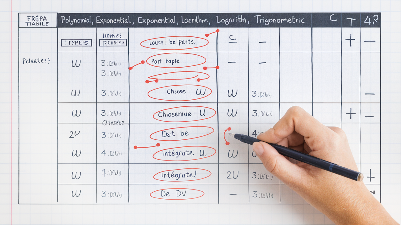 Tableau manuscrit choix optimal u dv pour intégration par parties selon nature des fonctions.