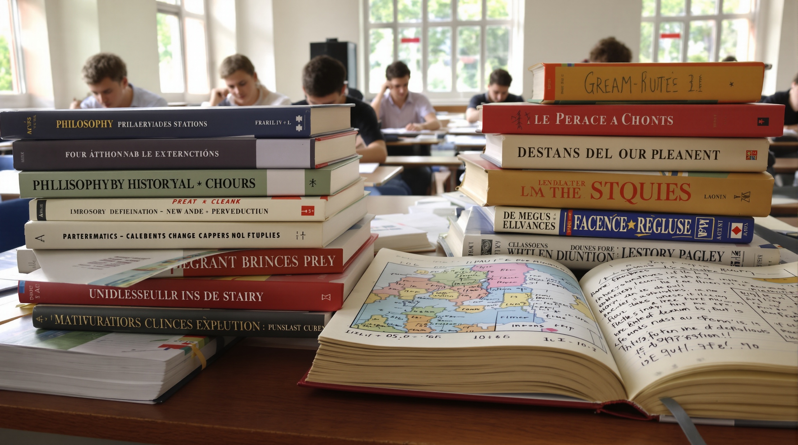 Tableau matières prépa B/L : livres, maths, langues, ambiance studieuse