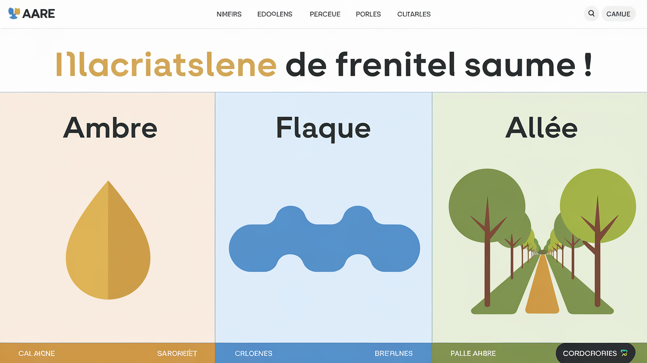 Tableau illustré enfantin : Ambre (goutte dorée), Flaque (tache bleue), Allée (chemin vert et brun entre deux arbres)