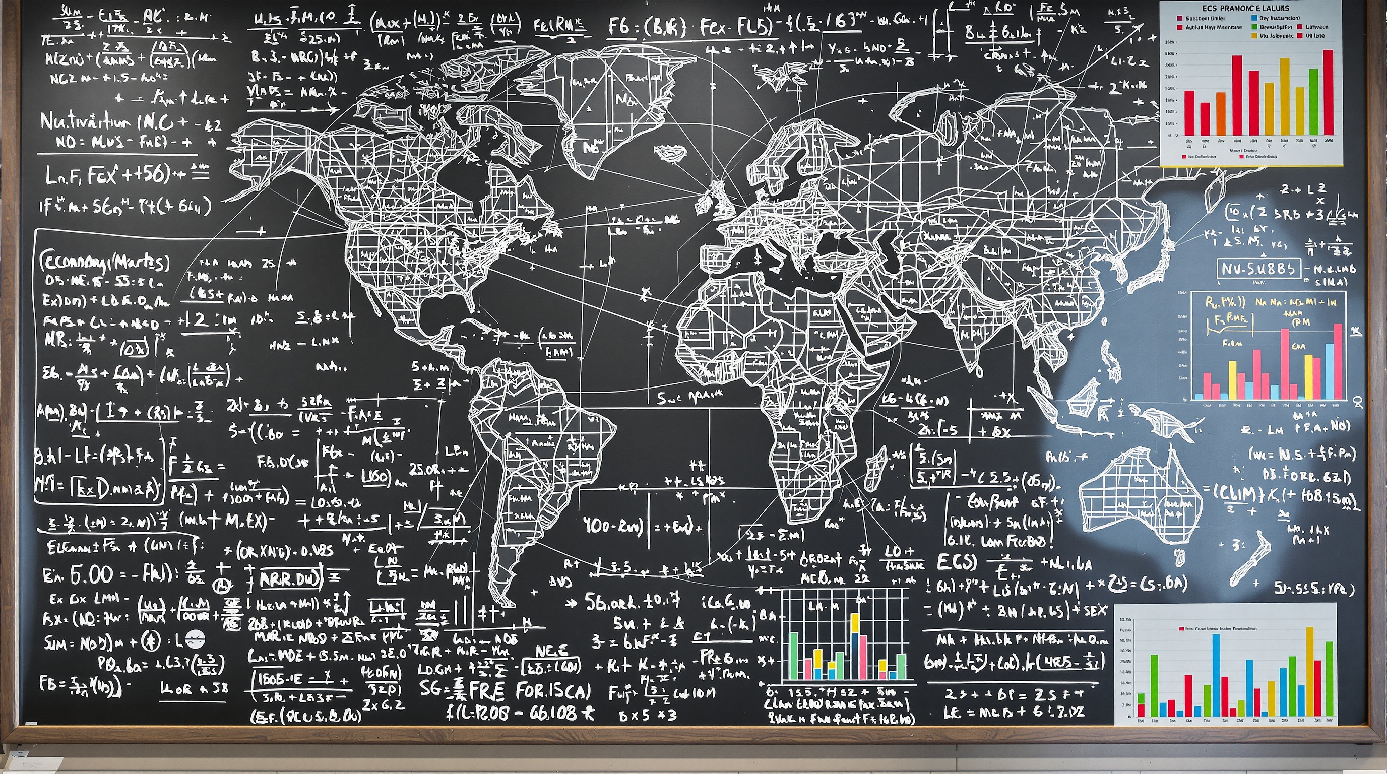 Mathématiques avancées et économie : tableau noir couvert d'équations, carte du monde stylisée et graphiques économiques colorés.