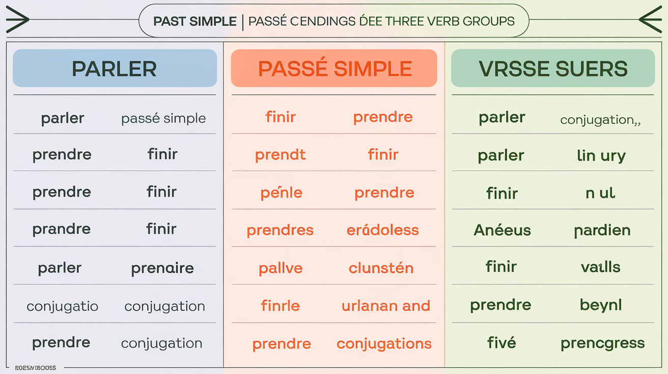 Tableau coloré des terminaisons du passé simple pour les trois groupes avec exemples 'parler', 'finir', 'prendre'