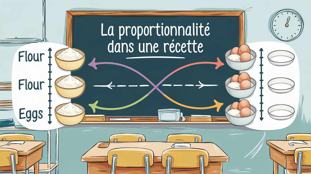 Tableau manuscrit illustrant la proportionnalité dans une recette pour 4 et 8 personnes.