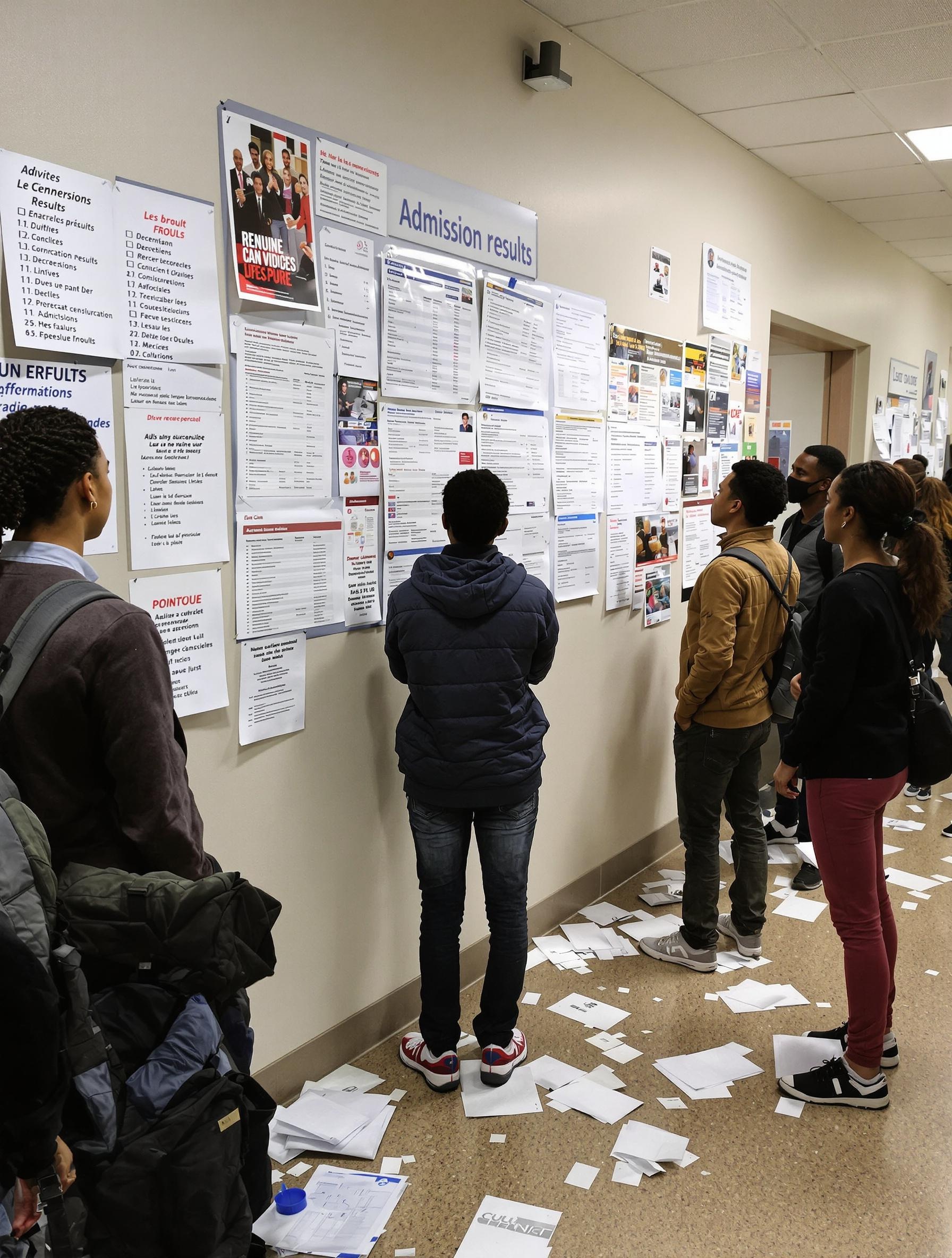 Tableau admissions affiché couloir universitaire tension étudiants