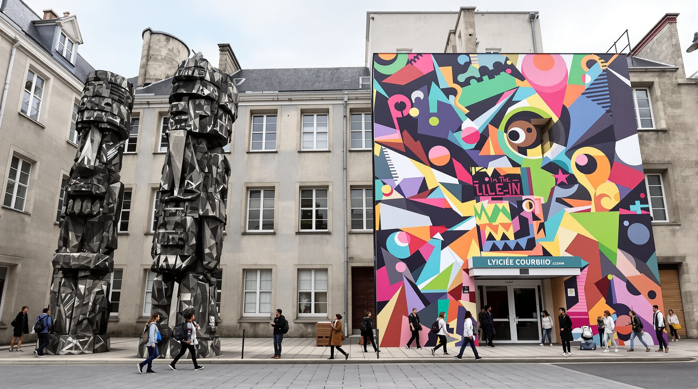 Totems monumentaux et fresque contemporaine de Xavier Boggio au Lycée Courbet, avec élèves indifférents.