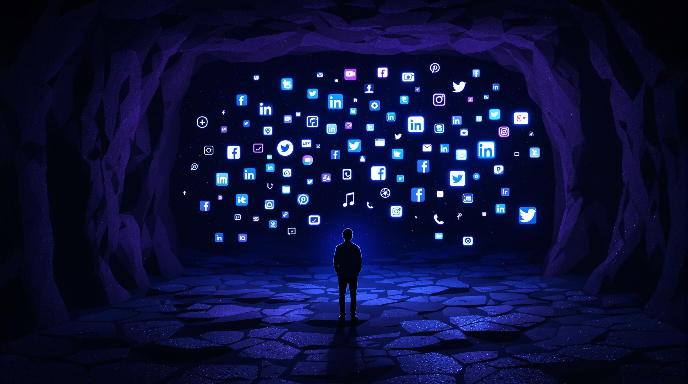 Utilisateur face à des icônes réseaux sociaux projetés style caverne numérique