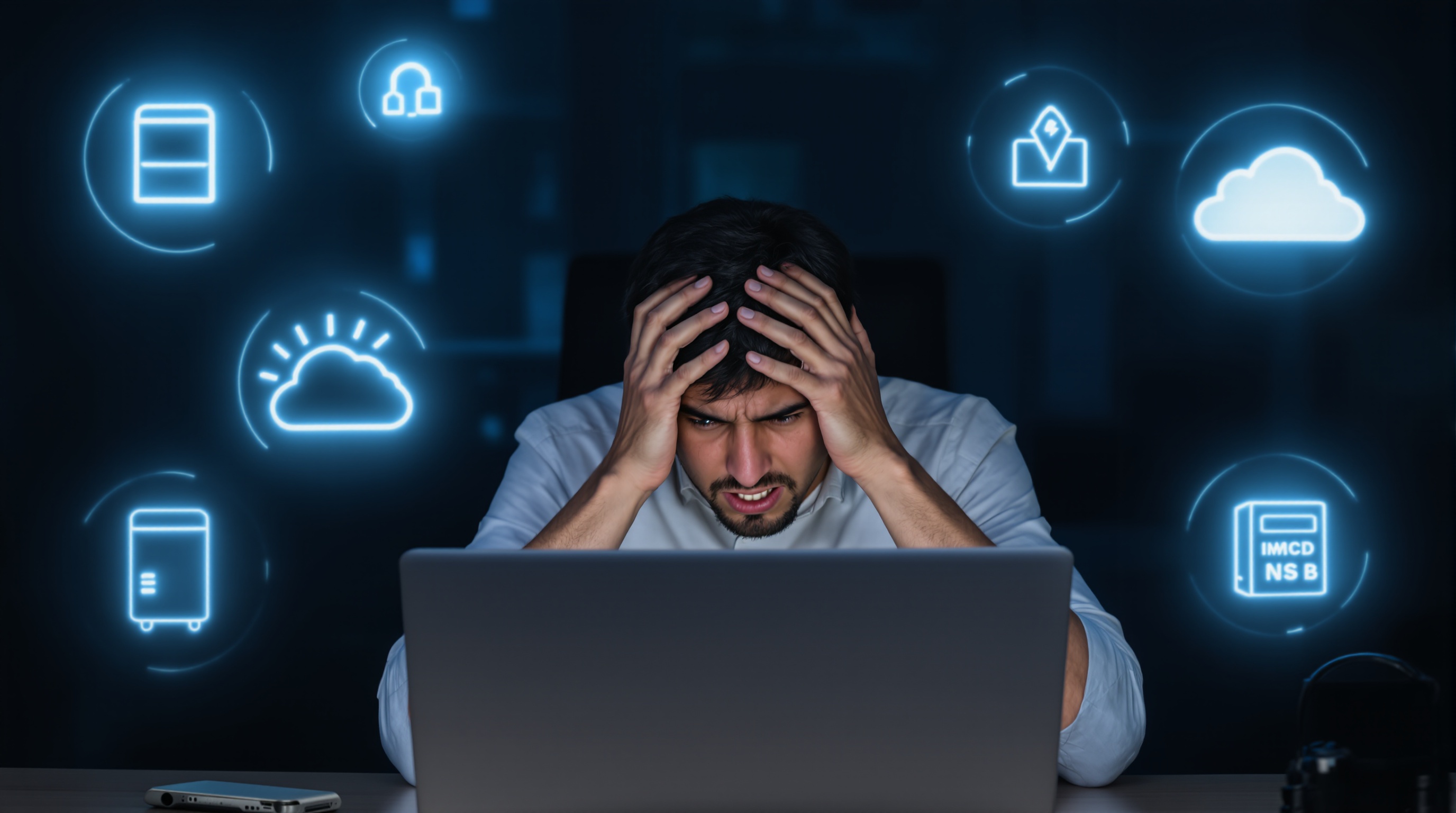 Utilisateur exaspéré devant son PC avec backups multiples (cloud, NAS, disque externe)