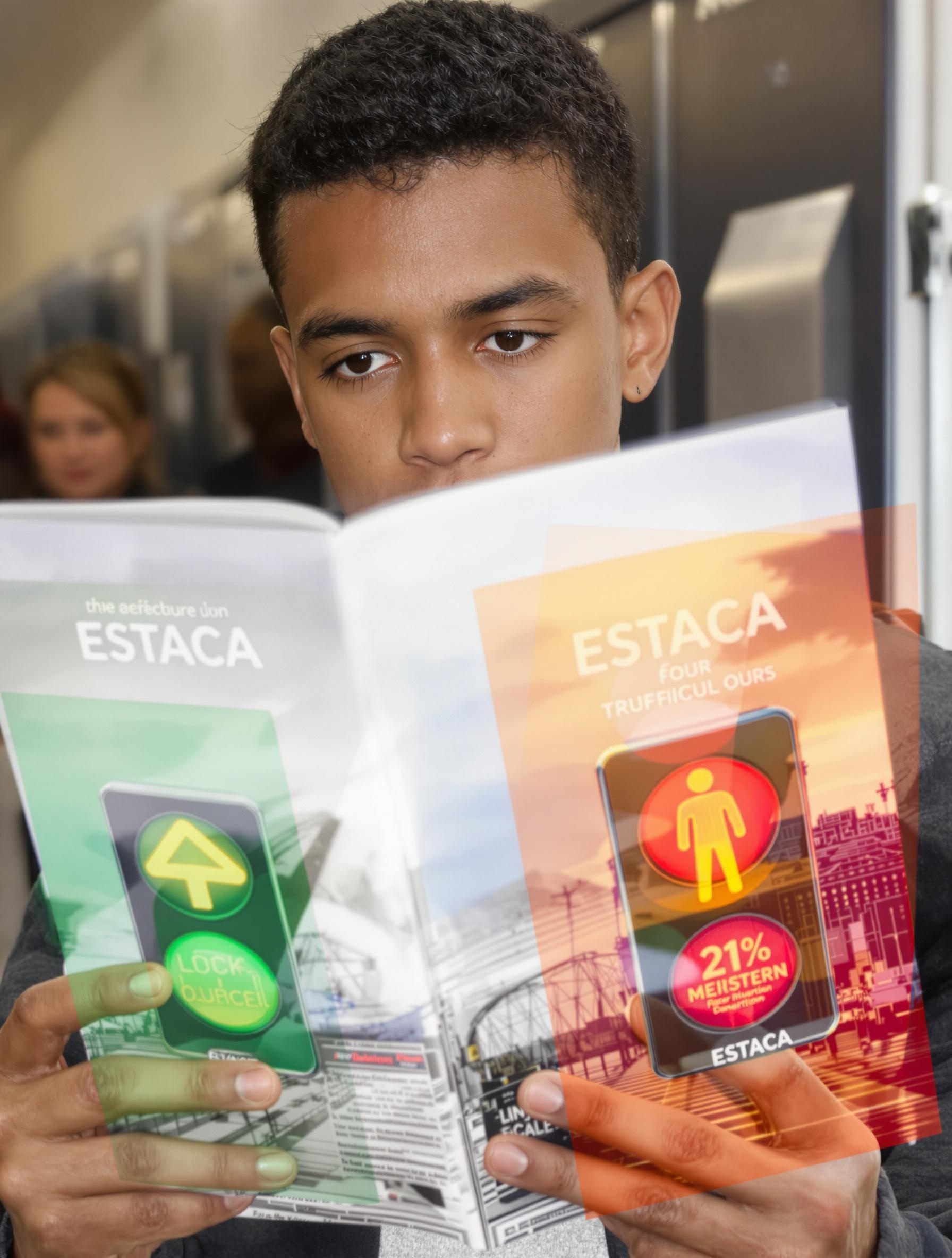 Décision ESTACA : étudiant perplexe, feux tricolores superposés sur brochure.