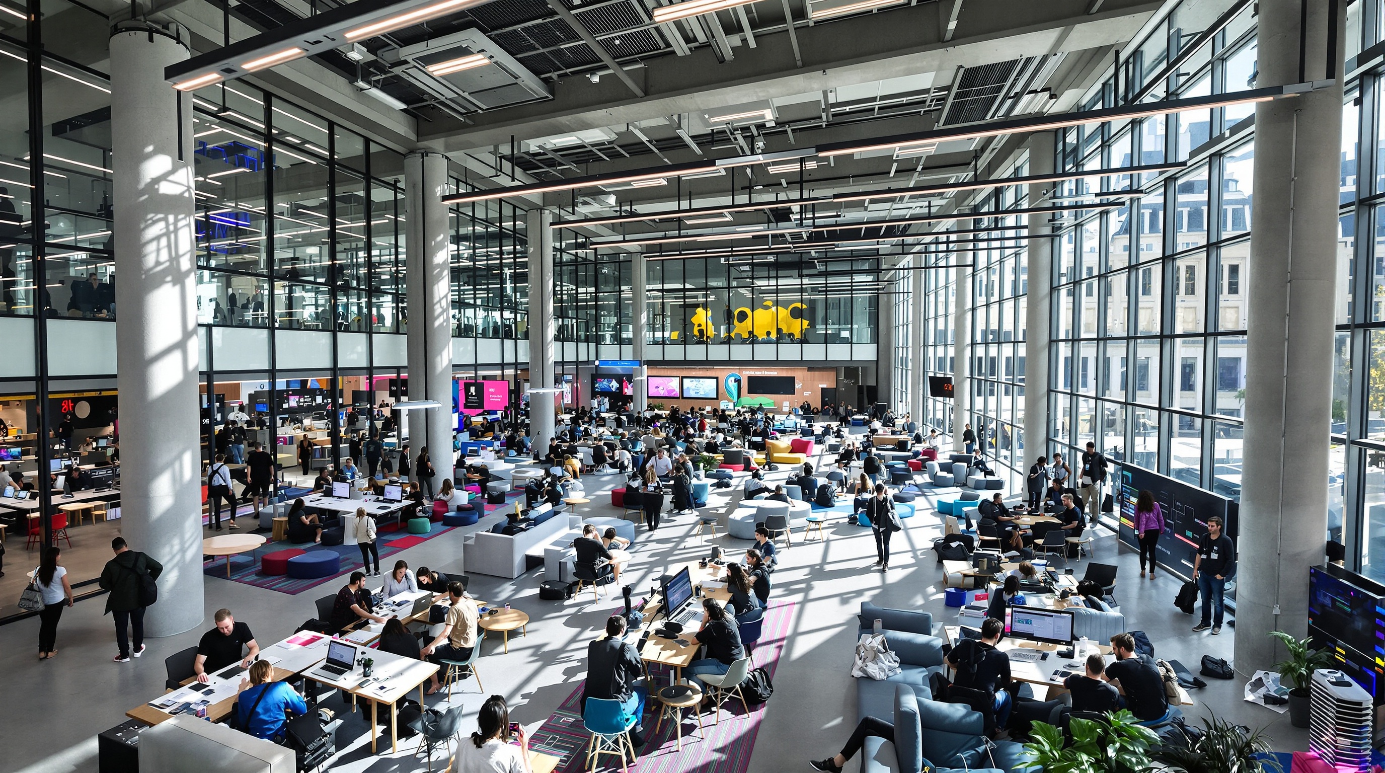 Vue d'ensemble du campus de l'École 42 à Paris, avec des étudiants interagissant dans un espace moderne et ouvert.