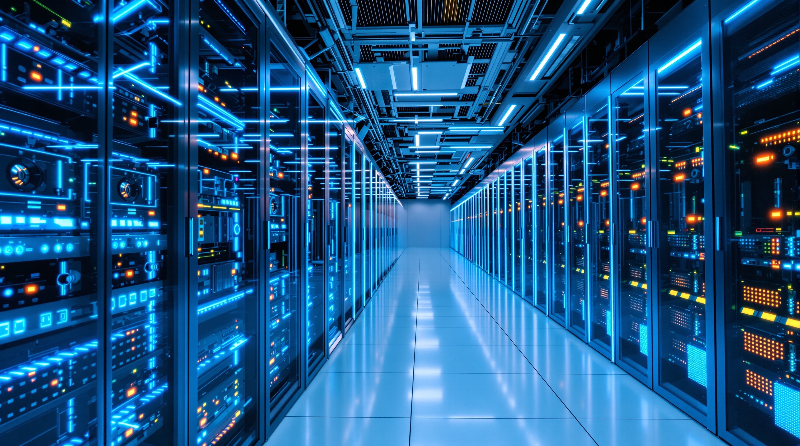 Vue d'un datacenter moderne sécurisé avec serveurs alignés et lumières bleues