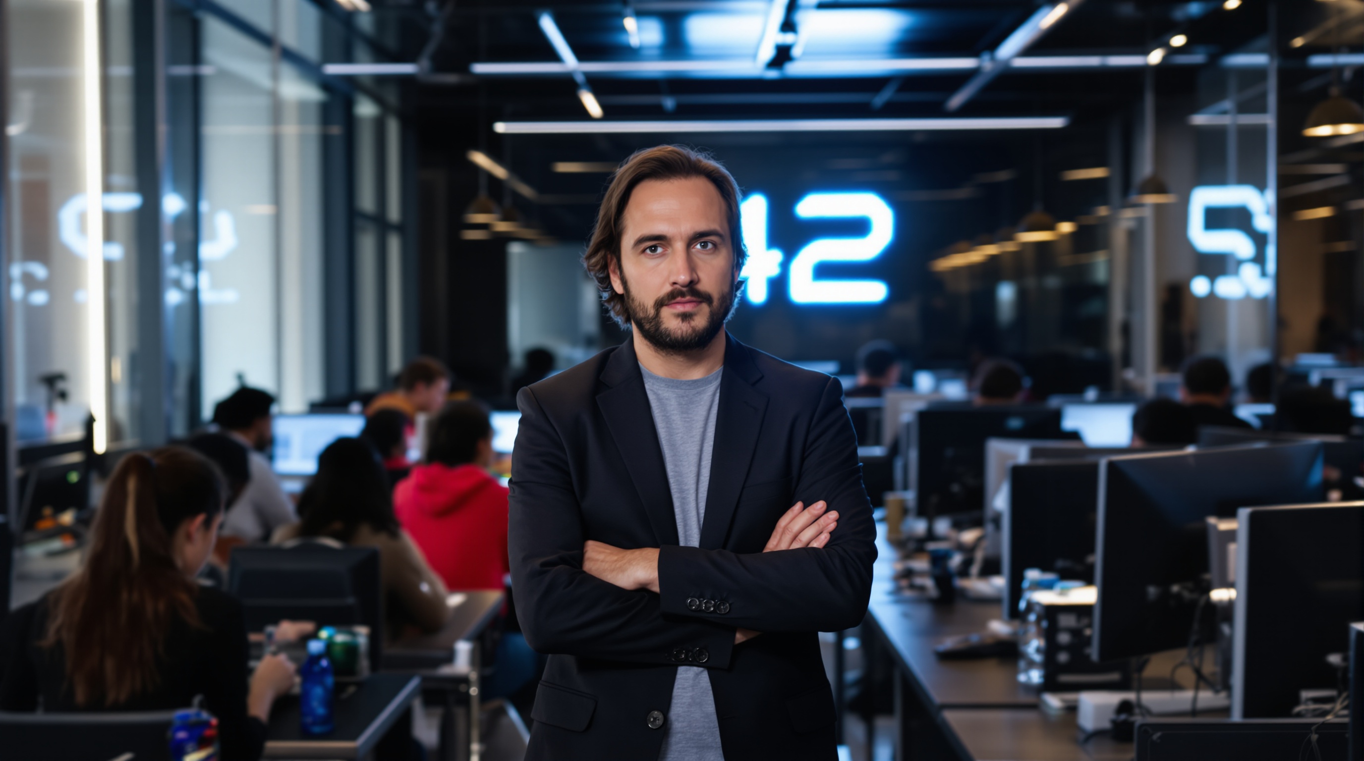 Xavier Niel debout au centre d'une salle moderne avec étudiants devant ordinateurs et logo lumineux '42'.