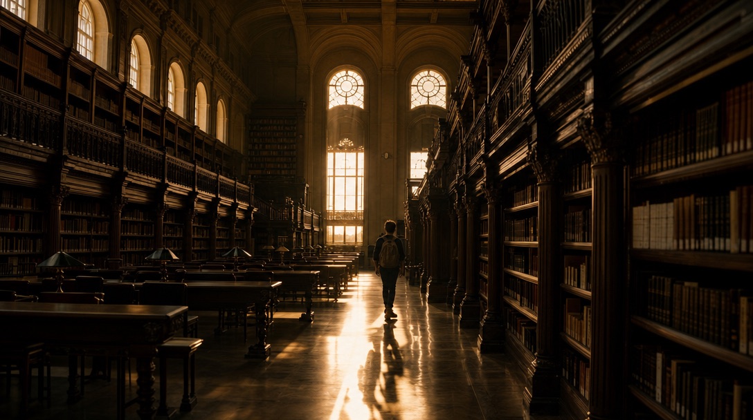 Grande bibliothèque universitaire dans la lumière dorée