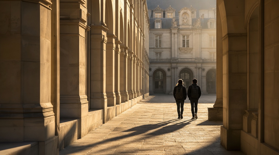 Cour d'honneur d'une grande école dans la lumière du matin